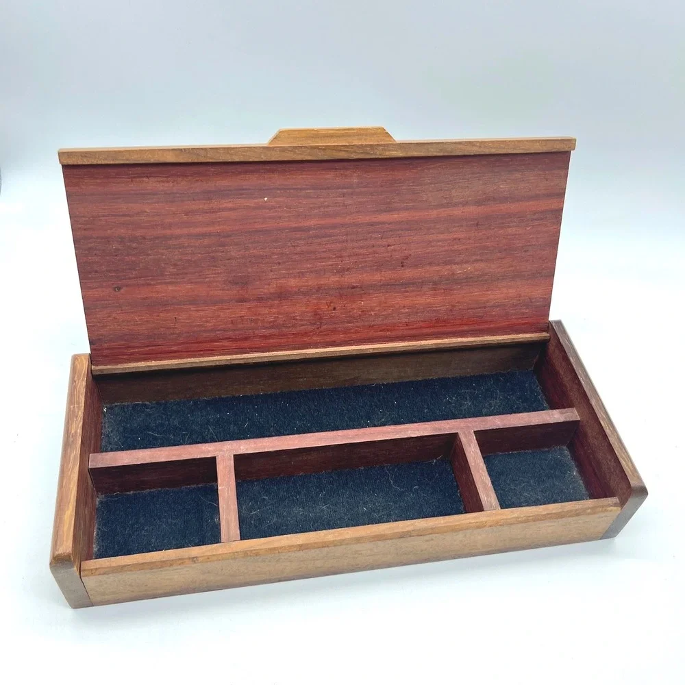 Vintage Handcrafted Wood Valet Box Felt Lined 4 Compartment Jewelry Watch Case